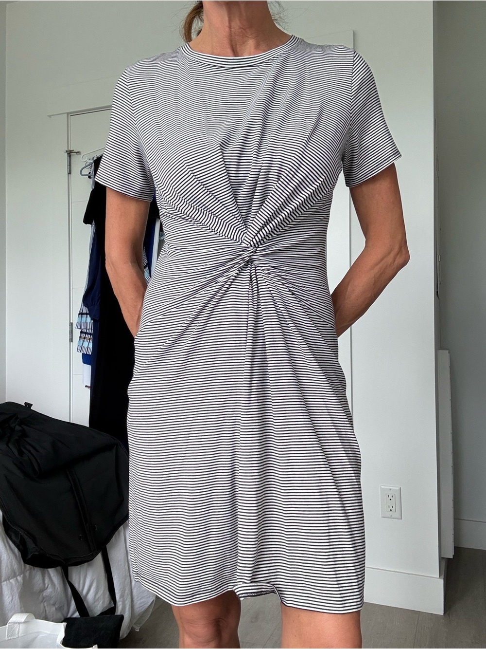 Theory Black and White Striped Twist-Front Knit Dress